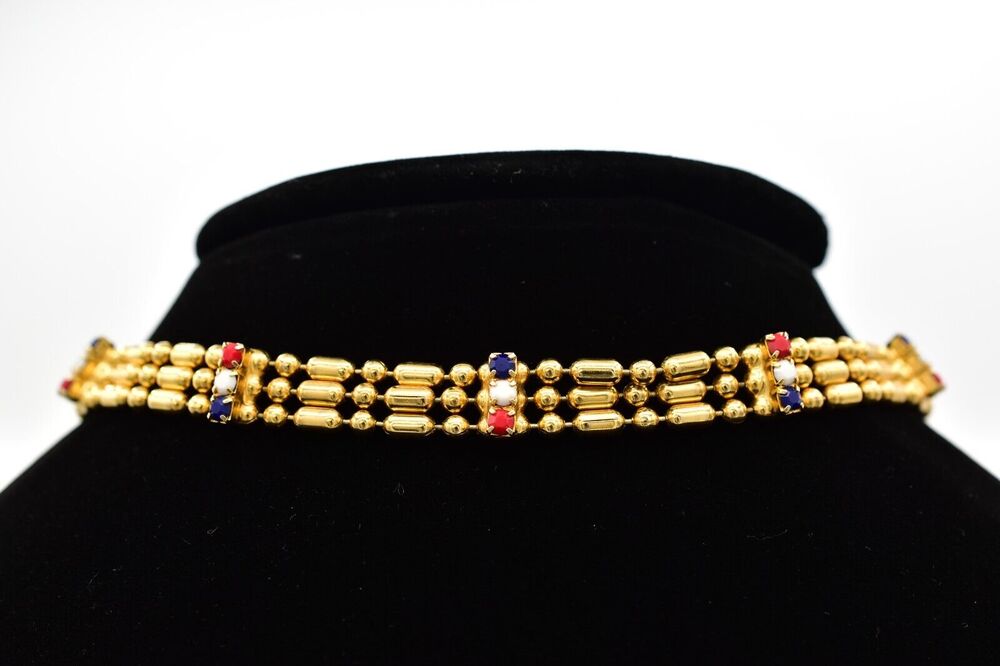 Vintage Choker Necklace Red White Blue Crystal Gold Tone USA Flag 1980s BinA17